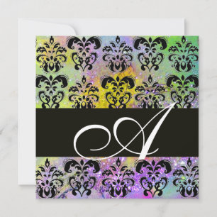 LILA GRÜN GELB SCHWARZ DAMAST MONOGRAMM, weiß Einladung
