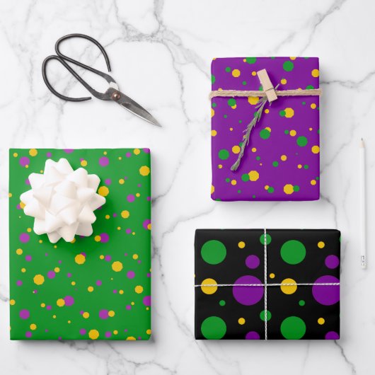 LILA GRÜN GELBE MARDI GRAS MUSTER GESCHENKPAPIER SET (Vorderseite)