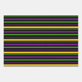 LILA GRÜN GELBE MARDI GRAS STREIFEN GESCHENKPAPIER SET