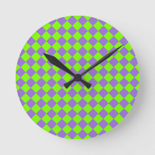 Lila Grün Karo Diamant Muster Runde Wanduhr