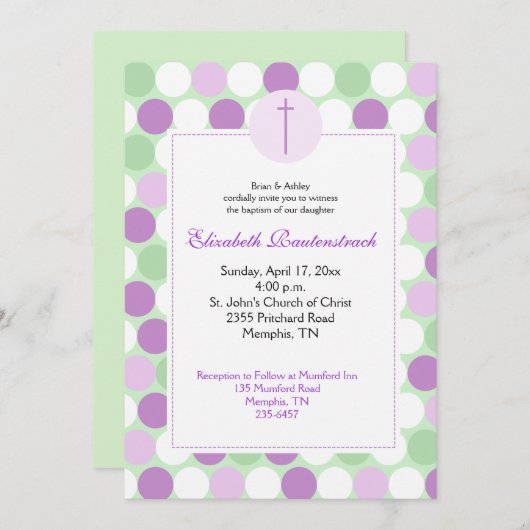 Lila/grün - Multicolor Dot-Taufe Einladung (Vorne/Hinten)