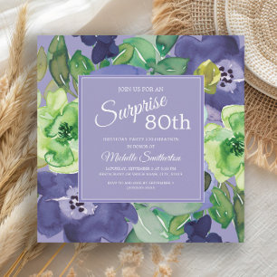 Lila Grün Navy Aquarell Blumen 80. Geburtstag Einladung
