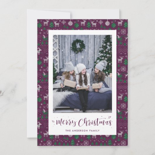 Lila Grün-Ugly-Sweater-Foto Weihnachtskarten Feiertagskarte (Vorderseite)