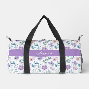 Lila Grüne Aquarell-Wildblumen-Monogramm Duffle Bag