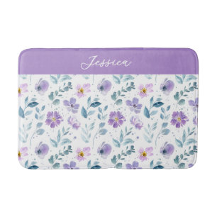 Lila Grüne Aquarell-Wildblumen-Monogramm-Name Badematte