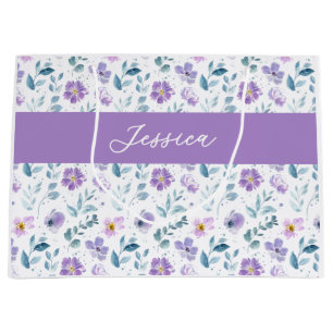 Lila Grüne Aquarell-Wildblumen-Monogramm-Name Große Geschenktüte