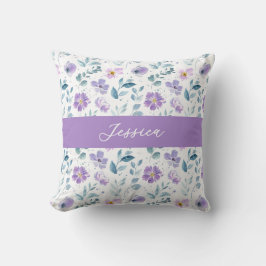 Lila Grüne Aquarell-Wildblumen-Monogramm-Name Kissen