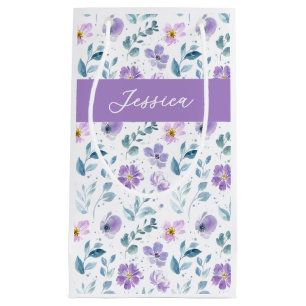 Lila Grüne Aquarell-Wildblumen-Monogramm-Name Kleine Geschenktüte