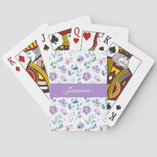Lila Grüne Aquarell-Wildblumen-Monogramm-Name Spielkarten