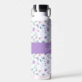 Lila Grüne Aquarell-Wildblumen-Monogramm-Name Trinkflasche