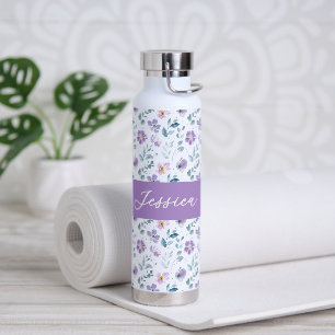 Lila Grüne Aquarell-Wildblumen-Monogramm-Name Trinkflasche