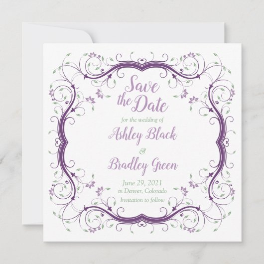 Lila grüne Blättertrolle Hochzeit Sichern Sie das Save The Date (Vorderseite)