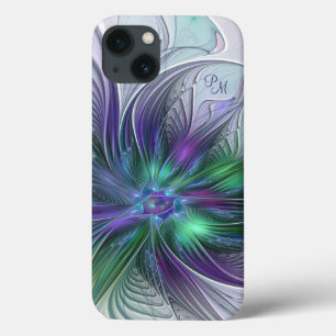 Lila grüne Blume Abstrakt Art Fraktal Monogram Case-Mate iPhone Hülle
