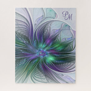 Lila grüne Blume Moderne Abstrakt Art Monogram Puzzle