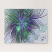 Lila grüne Blume Moderne Abstrakt Art Monogram Puzzle (Horizontal)