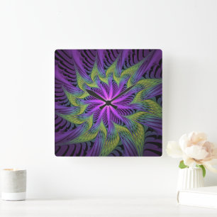 Lila Grüne Blume Moderne Abstrakte Fractal Kunst Quadratische Wanduhr