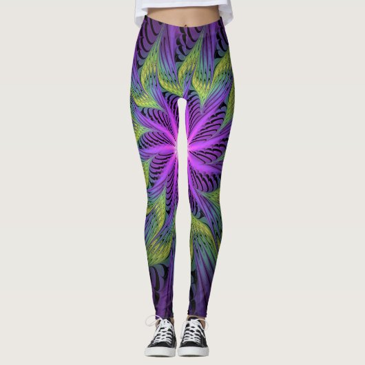 Lila grüne Blume Moderne Abstrakte Fraktal Kunst Leggings (Vorderseite)