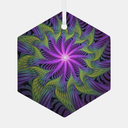 Lila grüne Blume Moderne Abstrakte Fraktal Kunst Ornament Aus Glas (Rückseite)