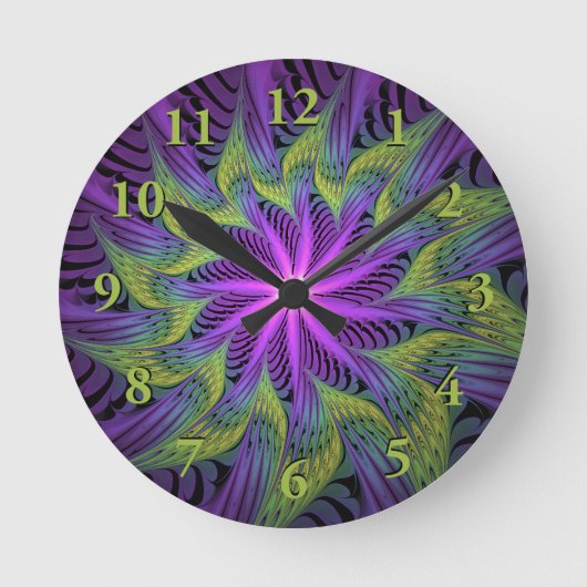 Lila grüne Blume Moderne Abstrakte Fraktal Kunst Runde Wanduhr (Vorderseite)