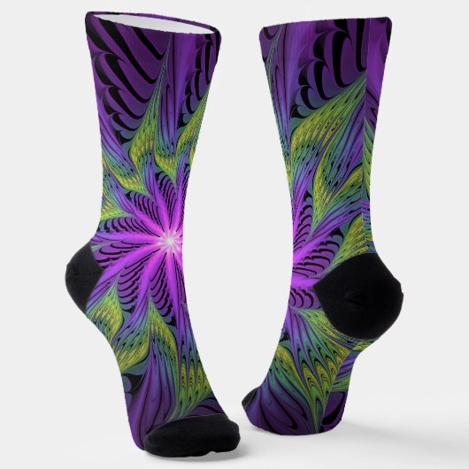 Lila grüne Blume Moderne Abstrakte Fraktal Kunst Socken (Gewinkelt)