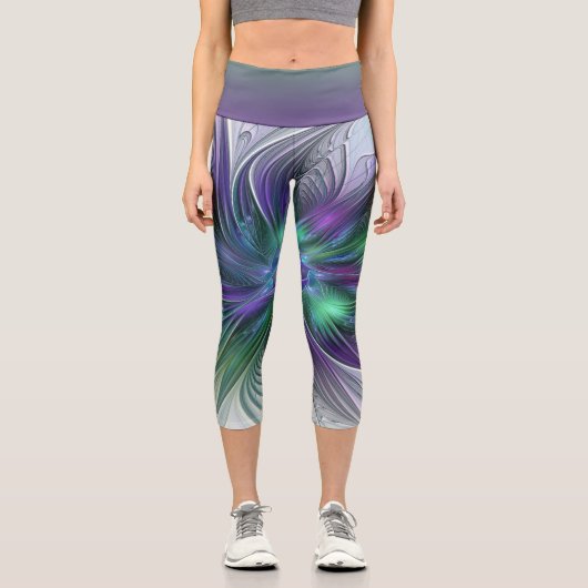 Lila grüne Blume Moderne Abstrakte Kunst Fraktal Capri Leggings (Vorderseite)