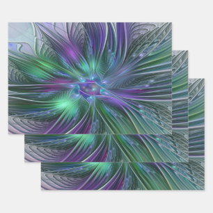 Lila grüne Blume Moderne Abstrakte Kunst Fraktal Geschenkpapier Set