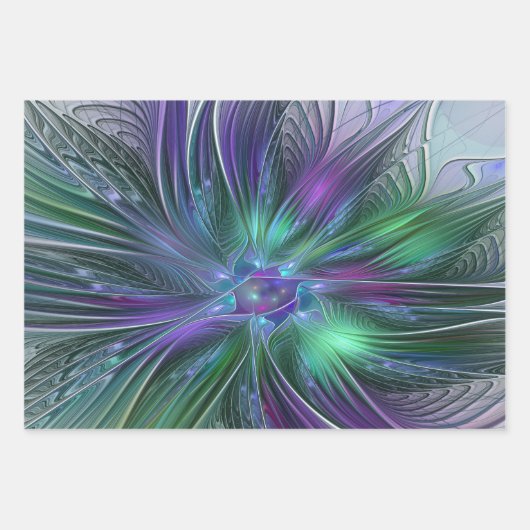 Lila grüne Blume Moderne Abstrakte Kunst Fraktal Geschenkpapier Set (Vorderseite 3)
