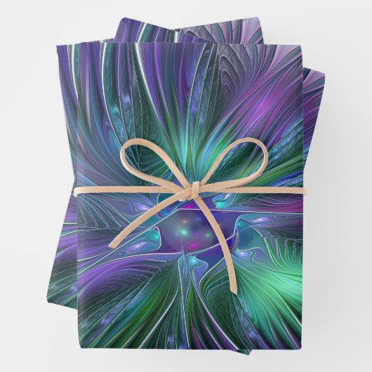 Lila grüne Blume Moderne Abstrakte Kunst Fraktal Geschenkpapier Set (Beispiel)