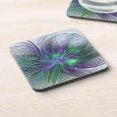 Lila grüne Blume Moderne Abstrakte Kunst Fraktal Getränkeuntersetzer (Linke Seite)