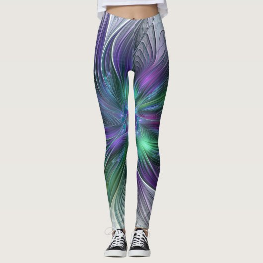 Lila grüne Blume Moderne Abstrakte Kunst Fraktal Leggings (Vorderseite)