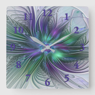 Lila grüne Blume Moderne Abstrakte Kunst Fraktal Quadratische Wanduhr
