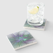 Lila grüne Blume Moderne Abstrakte Kunst Fraktal Steinuntersetzer (Seitenansicht)