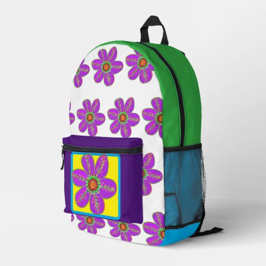 Lila Grüne Blumen Bedruckter Rucksack (Rückseitige Ecke Rechts)