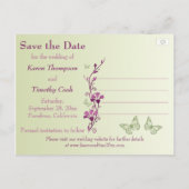 Lila, grüne Blüte, Schmetterlinge Save the Date Ankündigungspostkarte (Rückseite)