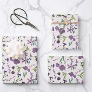 Lila Grüne Blütenweibchen Wasserfarbe Geschenkpapier Set