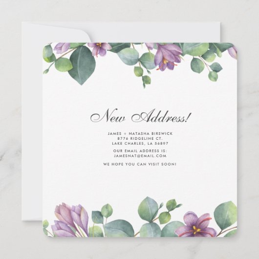 Lila grüne Eukalyptus-Blätter verschieben neue Adr Ankündigung (Rückseite)