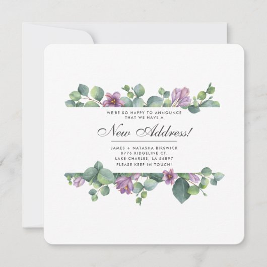 Lila grüne Eukalyptus-Blätter verschieben neue Adr Ankündigung (Vorderseite)