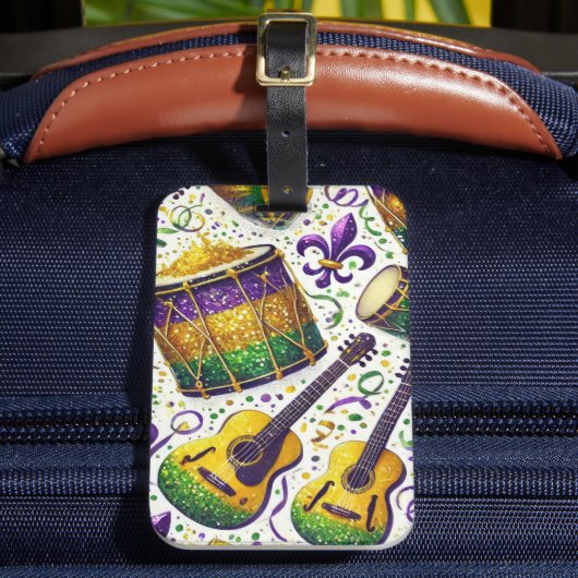 LILA GRÜNE GOLD MARDI GRAS MUSIKINSTRUMENTE GEPÄCKANHÄNGER (Vorderseite Insitu 2)