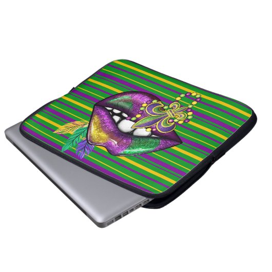 LILA GRÜNE GOLD STRIPEN UND LUSH LIPS LAPTOPSCHUTZHÜLLE (Vorne Knopf)