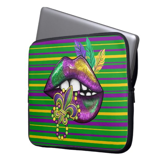 LILA GRÜNE GOLD STRIPEN UND LUSH LIPS LAPTOPSCHUTZHÜLLE (Vorderseite Links)
