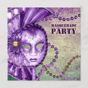 Lila grüne Mardi Gras Perlen Maskenballparty Einladung