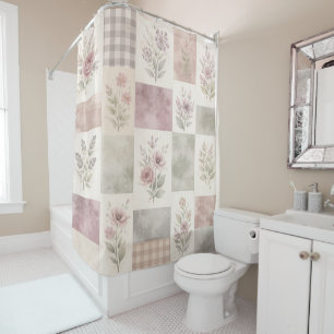 Lila Grüne Pastell-Quilt-Patchwork-Gingham-Blumen Duschvorhang