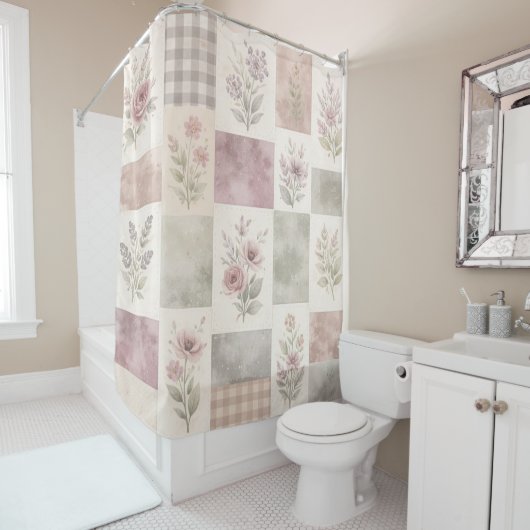 Lila Grüne Pastell-Quilt-Patchwork-Gingham-Blumen Duschvorhang (Beispiel)