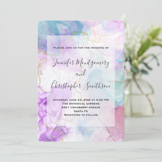 Lila, grüne, rosa Blütenfarben Elegante Hochzeit Einladung (Stehend Vorderseite)
