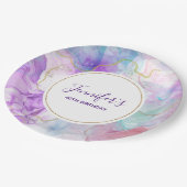 Lila, grüne, rosa Blütenfarben, gehobene Geburtskl Pappteller (Schrägansicht)