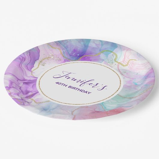 Lila, grüne, rosa Blütenfarben, gehobene Geburtskl Pappteller (Schrägansicht)