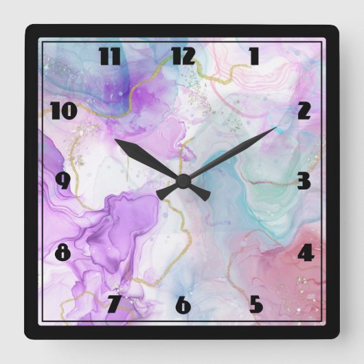 Lila, grüne, rosafarbene Farben Elegant Quadratische Wanduhr (Vorderseite)