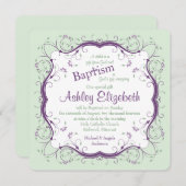 Lila grüne Scroll Blütentaufe Einladung (Vorne/Hinten)
