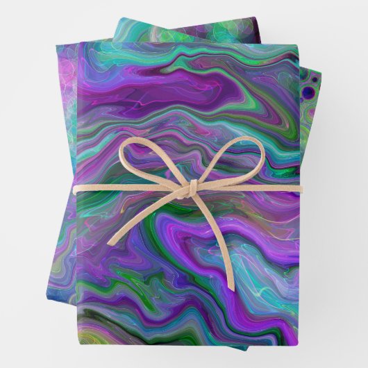 Lila, grüne und blaue Fluid Art Abstrakt Geburtsta Geschenkpapier Set (Beispiel)