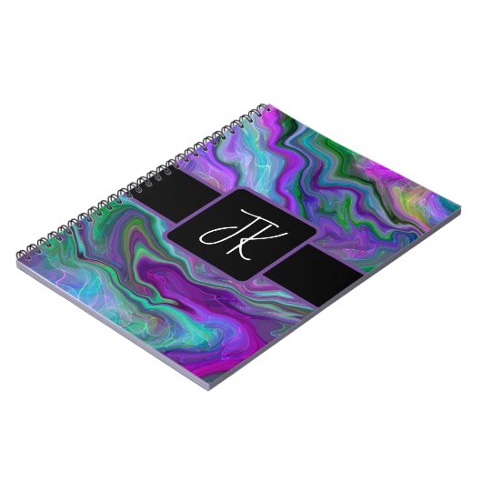 Lila, grüne und blaue Fluid Art Abstrakt Notizblock (Linke Seite)